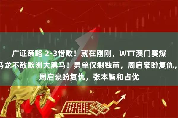 广证策略 2-3惜败！就在刚刚，WTT澳门赛爆大冷：国乒小马龙不敌欧洲大黑马！男单仅剩独苗，周启豪盼复仇，张本智和占优